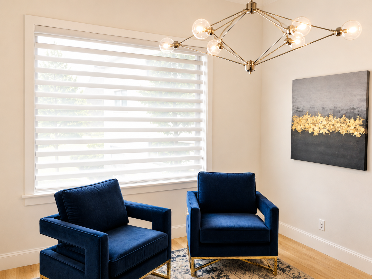 Custom shades in a modern sitting room